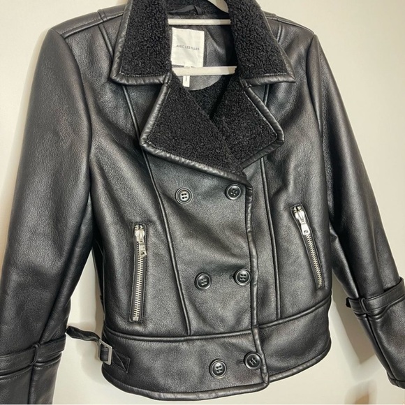 Avec Les Filles $198 Black Faux Leather Moto Shearling Jacket New - Picture 6 of 8